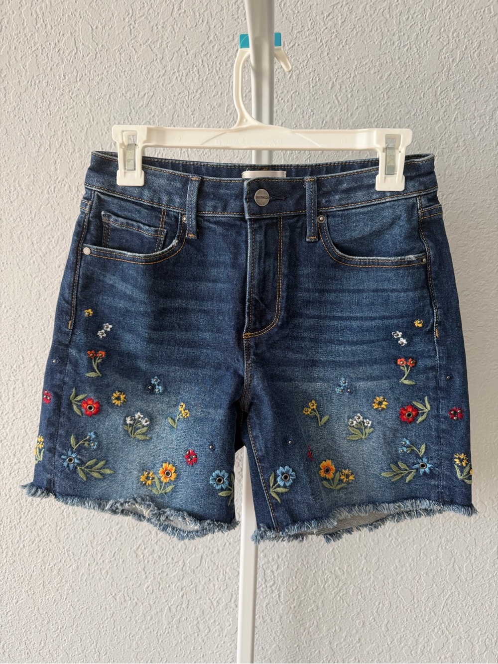 DRIFTWOOD Dark Blue Embroidered Floral Denim Shorts